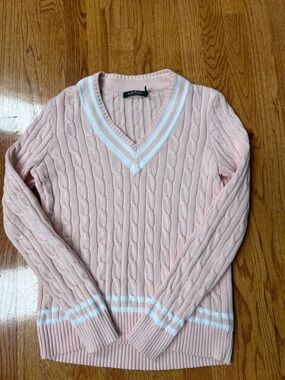 Lauren Ralph Lauren Blush Pink Cable V-Neck Sweater with White Trim